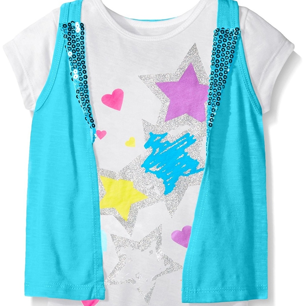 Dreamstar Girls Graphic Top Sequin Vest Set T-shirt Size 6 Blue Short Sleeve NWT